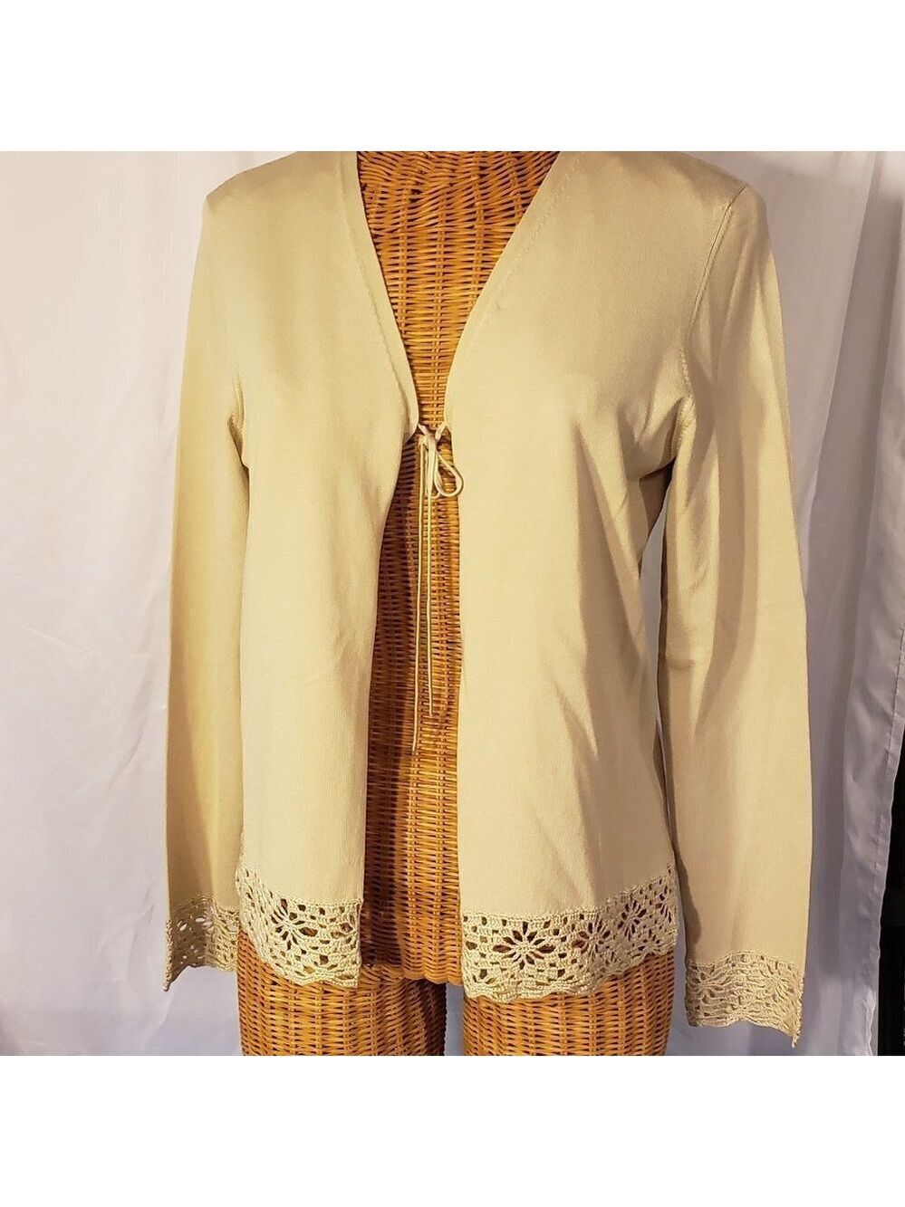 Ladies JOSEPHINE CHAUS Silk Blend Open Front Cardigan in Tan - M
